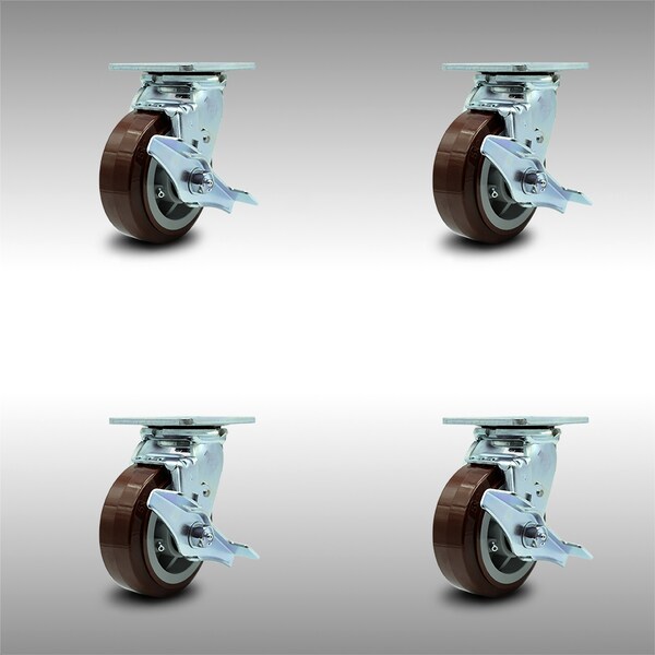 5 Inch SS Polyurethane Caster Set with Ball Bearings and Brake/Swivel Lock SCC